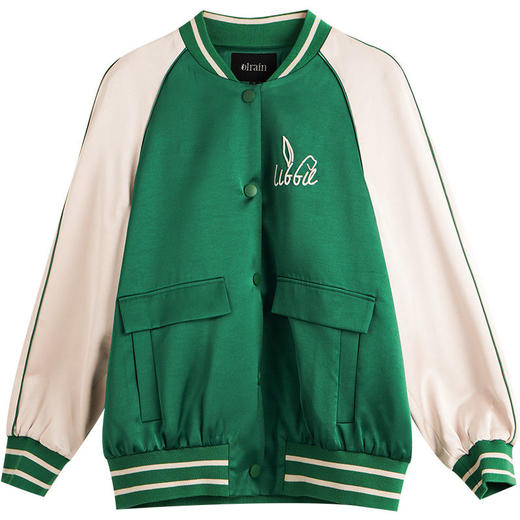 OLrain法式缎面短外套女早秋2022年新款宽松撞色刺绣高级感棒球服 商品图5