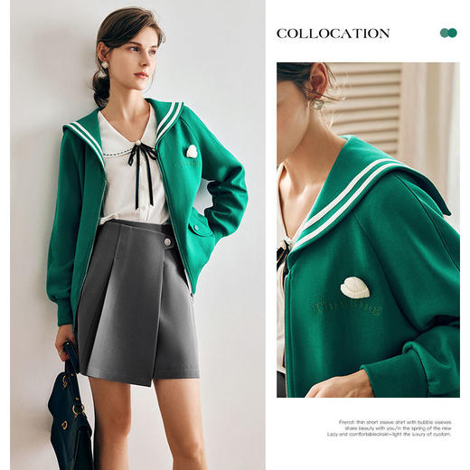 OLrain法式绿色短外套女早秋2022年新款薄款减龄学院风海军领上衣 商品图0