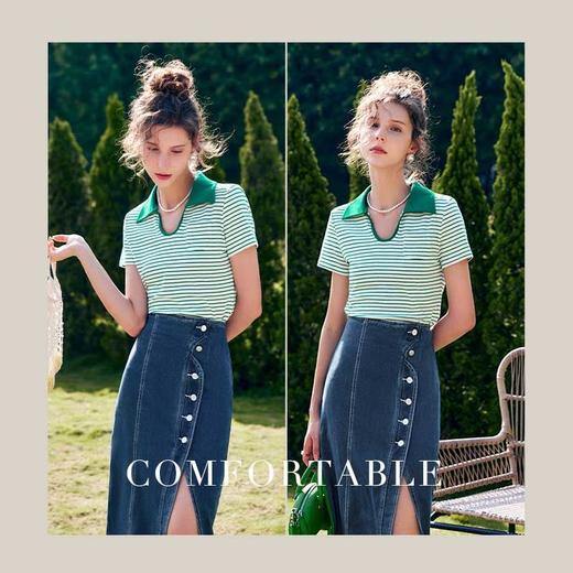 OLrain法式高级穿搭条纹T恤女夏季2022年新款polo领撞色冰爽上衣 商品图2