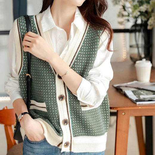 黛唯梵法式小香千鸟格子针织开衫马甲外套女秋冬慵懒风坎肩毛衣背心 商品图4