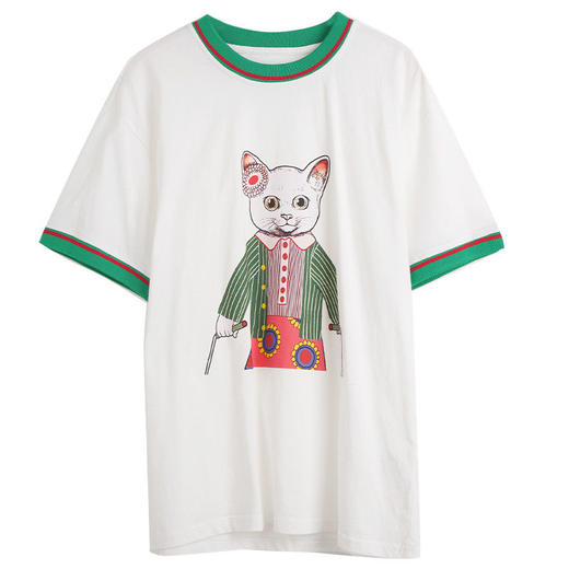 OLrain法式白色短袖T恤女夏季2022新款宽松显瘦撞色猫咪圆领上衣 商品图5