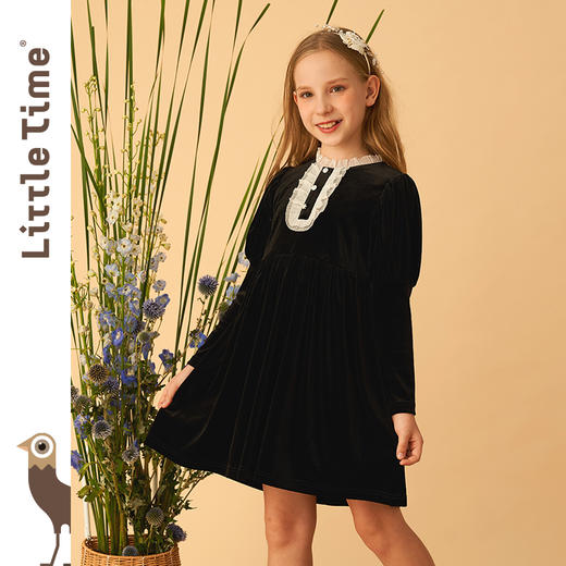 littletime秋季女童赫本风小黑裙2022新款女大童灯笼袖丝绒连衣裙 商品图1