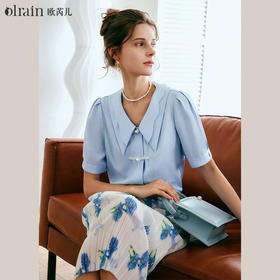 OLrain法式高级穿搭翻领衬衫女夏季2022年新款时尚宽松泡泡袖衬衣