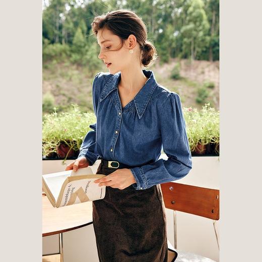 欧芮儿法式天丝牛仔衬衫女秋季2022新款复古泡泡袖港风衬衣 商品图1
