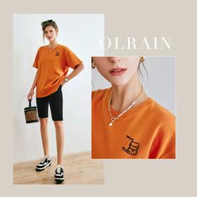 欧芮儿刺绣短袖t恤女夏季2022年新款时尚宽松中长款针织圆领上衣