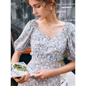 欧芮儿碎花雪纺连衣裙女夏季2022年新款收腰法式泡泡袖蓝色大摆裙