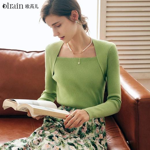 OLrain欧芮儿法式绿色套头针织衫女秋季2022年新款修身假两件毛衣 商品图4