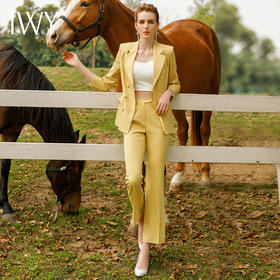 IWY/黄色西装套装长袖高级双排扣总裁西服主持人服装微喇裤工作服221004C1+P3