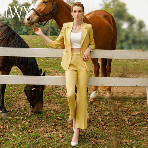 IWY/黄色西装套装长袖高级双排扣总裁西服主持人服装微喇裤工作服221004C1+P3 商品图0