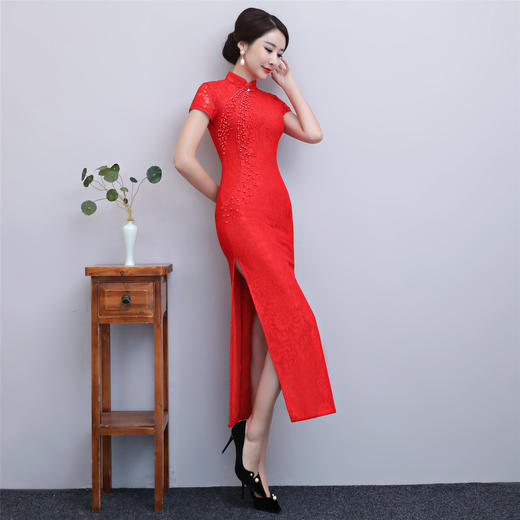 长款钉珠旗袍蕾丝气质领口镂空苏州改良旗袍连衣裙JLM2033 商品图4