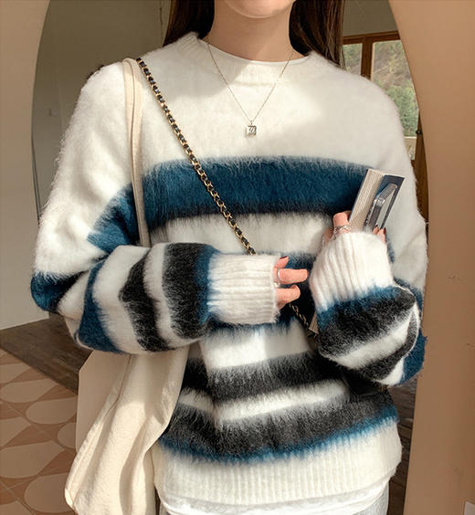 黛唯梵韩版条纹慵懒风毛衣女秋冬宽松套头针织衫外穿软糯休闲学院风上衣 商品图1