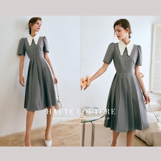 欧芮儿赫本风连衣裙女夏季2022新款收腰复古气质撞色设计感压褶裙 商品图2