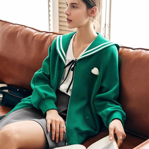 OLrain法式绿色短外套女早秋2022年新款薄款减龄学院风海军领上衣 商品图3