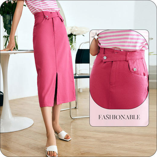 OLrain法式粉色牛仔半身裙女夏季2022新款高腰气质显瘦开叉A字裙 商品图4