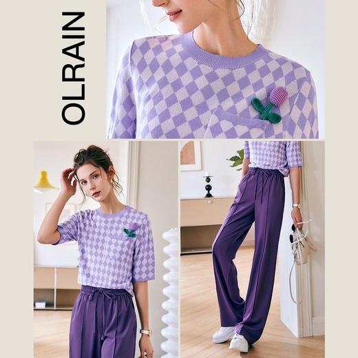 欧芮儿棋盘格套头针织衫女夏季2022年新款修身时尚冰爽丝薄款上衣 商品图1