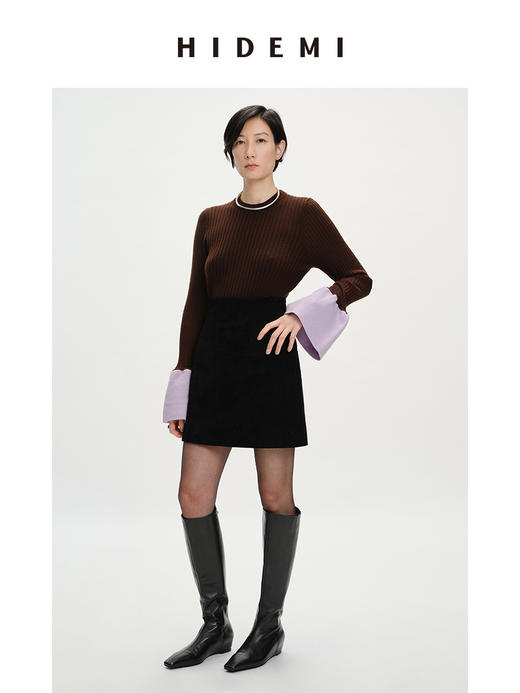 HIDEMI 美利奴羊毛撞色花苞灯笼袖坑条收身款圆领毛衣 商品图8