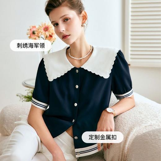 欧芮儿海军领衬衫女夏季2022年新款宽松减龄刺绣撞色设计感衬衣 商品图8