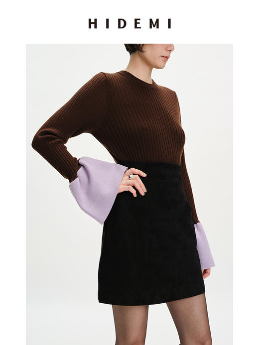 HIDEMI 美利奴羊毛撞色花苞灯笼袖坑条收身款圆领毛衣 商品图6