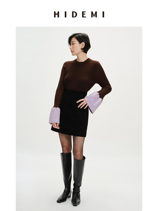 HIDEMI 美利奴羊毛撞色花苞灯笼袖坑条收身款圆领毛衣 商品图5