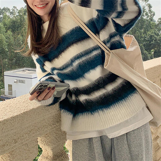 黛唯梵韩版条纹慵懒风毛衣女秋冬宽松套头针织衫外穿软糯休闲学院风上衣 商品图0