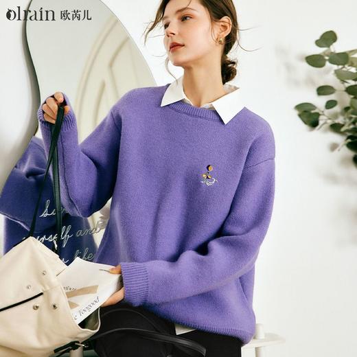 欧芮儿法式紫色毛衣女秋季2022年新款宽松减龄落肩袖套头衫 商品图5