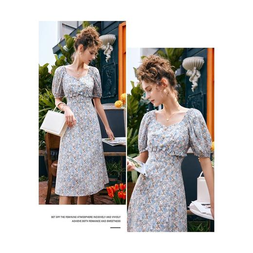 欧芮儿碎花雪纺连衣裙女夏季2022年新款收腰法式泡泡袖蓝色大摆裙 商品图1