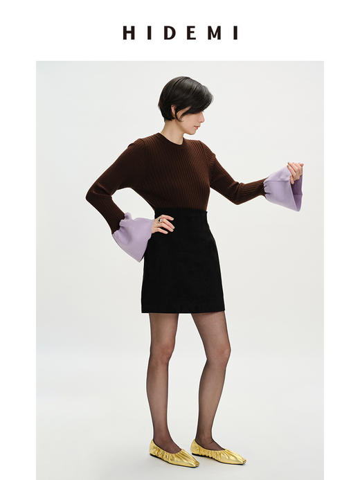 HIDEMI 美利奴羊毛撞色花苞灯笼袖坑条收身款圆领毛衣 商品图2