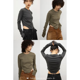 CryingCenter 军绿深灰 辣妹短款超长堆堆袖紧身打底T恤 哭喊中心