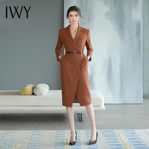 IWY/高端连衣裙奢华大牌职业通勤女装焦糖色独特西装裙气质长袖裙子Q762 商品图1