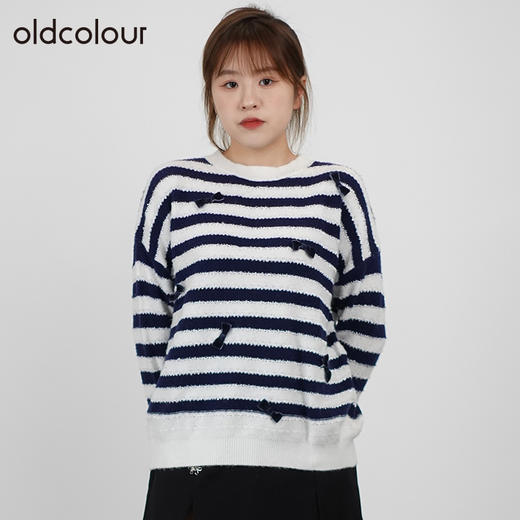 oldcolour秋商场同款别致长袖圆领条纹针织套头衫女N34052422 商品图1