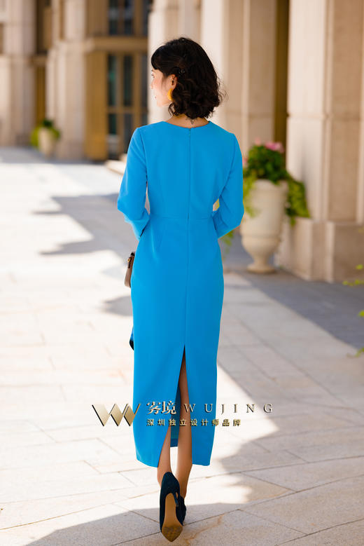 2202146 魅橘蓝影 高级双层乱麻 华尔缎定制印花连衣裙 雾境 商品图5