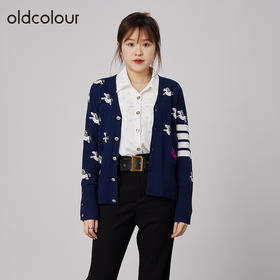 oldcolour春秋商场同款V领气质提花英伦风毛衣开衫N34053481