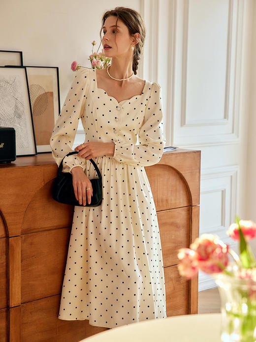 OLrain法式方领波点连衣裙女秋季2022新款收腰显瘦气质泡泡袖裙子 商品图1