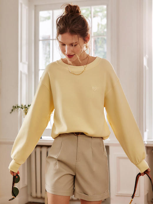 OLrain法式高级穿搭淡黄色套头卫衣女秋季2022新款慵懒风针织上衣 商品图3