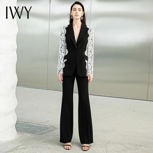 IWY/高端设计感蕾丝袖西服女长袖微喇直筒裤套装时尚西装气质女装秋223157C1+223157P3 商品图0