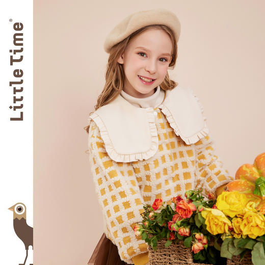 littletime女童呢子外套秋冬装2022冬季新款法式大翻领格子儿童呢子大衣 商品图0