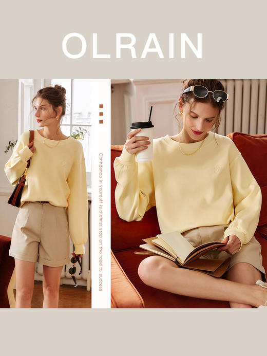 OLrain法式高级穿搭淡黄色套头卫衣女秋季2022新款慵懒风针织上衣 商品图2