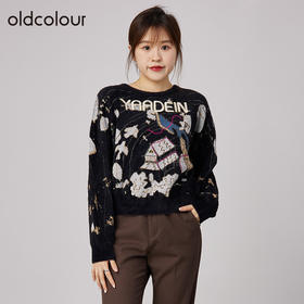 oldcolour2021秋商场同款印花圆领长袖套头针织衫女通勤N34052419