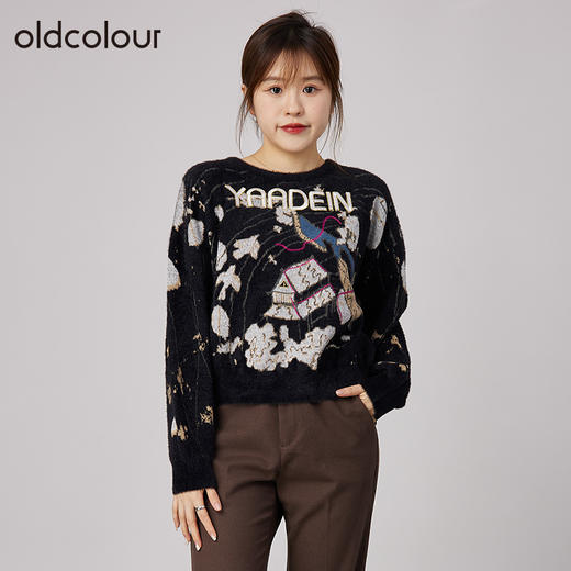 oldcolour2021秋商场同款印花圆领长袖套头针织衫女通勤N34052419 商品图0