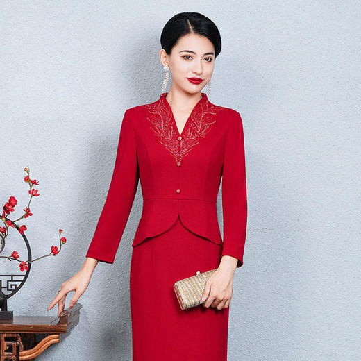 气质名媛，结婚酒红色羊绒礼服QQX-8619 商品图0