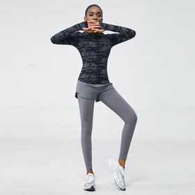 科里芙 全腰围口袋假两件长裤紧身高腰长裤跑步训练运动专业女健身裤