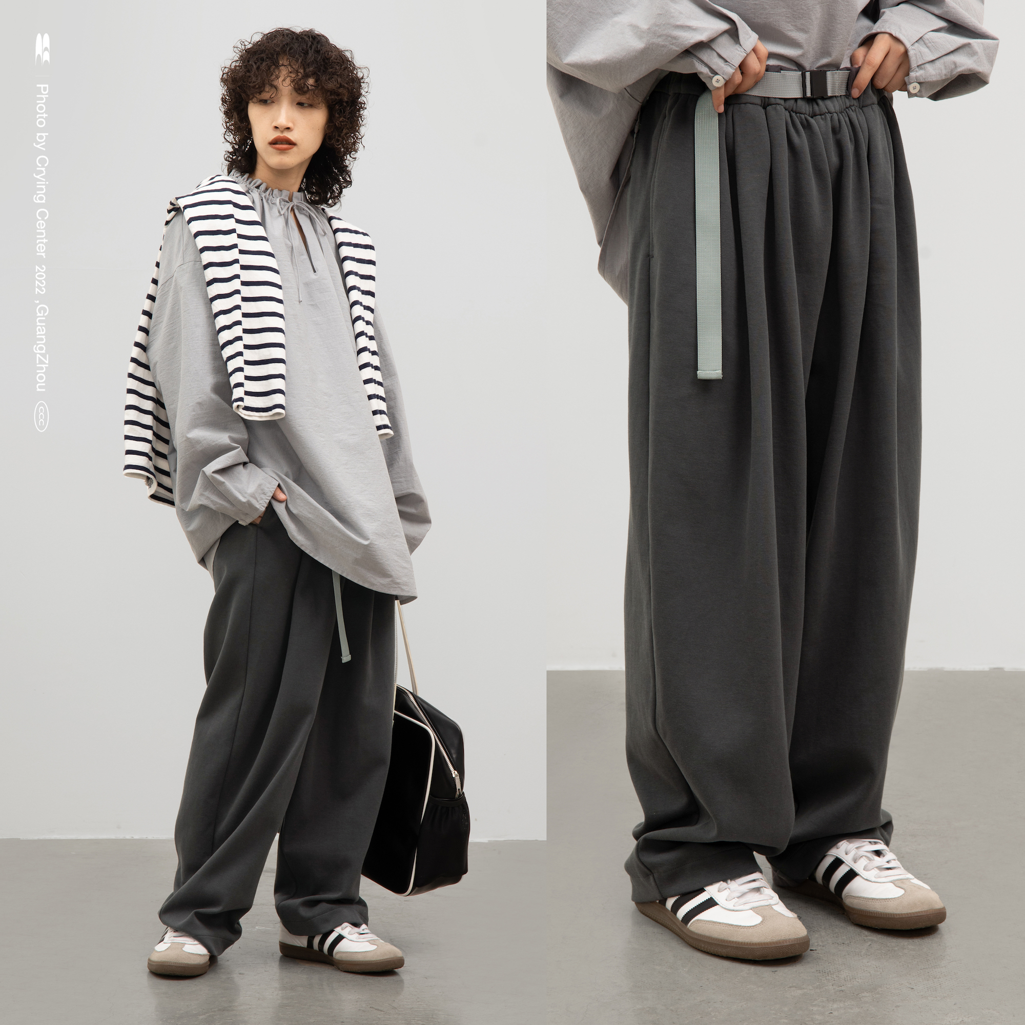 CryingCenter 深灰日系收脚版型针织休闲松紧橡筋裤 哭喊中心