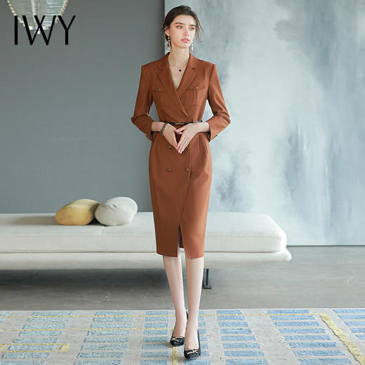 IWY/高端连衣裙奢华大牌职业通勤女装焦糖色独特西装裙气质长袖裙子Q762 商品图3