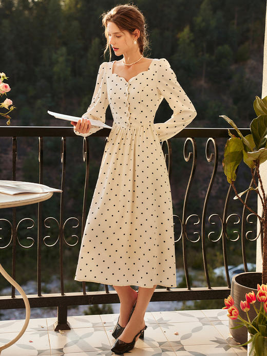 OLrain法式方领波点连衣裙女秋季2022新款收腰显瘦气质泡泡袖裙子 商品图2