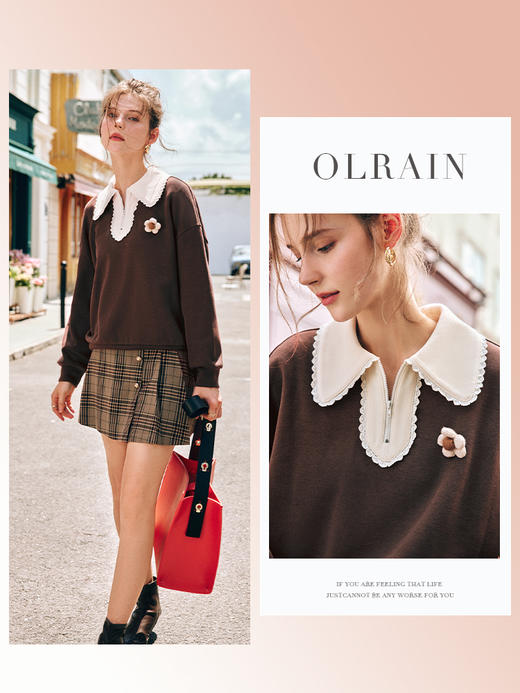 OLrain欧芮儿法式POLO领卫衣女秋季2022新款宽松洋气撞色慵懒上衣 商品图0