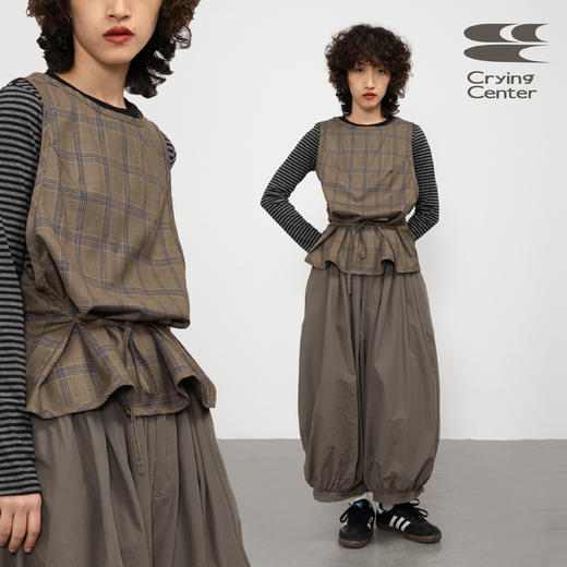 CryingCenter 复古棕色格纹背心 直筒/收腰荷叶边两穿 哭喊中心 商品图0