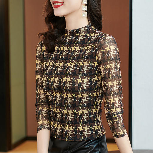 KQL E001M6345 加绒加厚印花千鸟格半高领网纱打底衫2022秋冬百搭大码打底衫长袖 商品图1