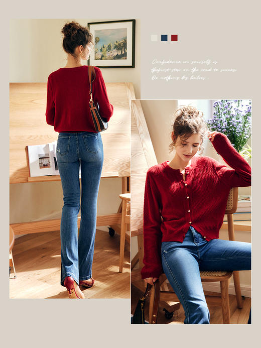 OLrain欧芮儿法式红色针织开衫女秋季2022新款复古肌理感毛衣外套 商品图3