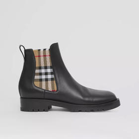 【二】BURBERRY 巴宝莉 女士 Vintage 格纹装饰皮革切尔西短靴 黑色 8042363 A1189