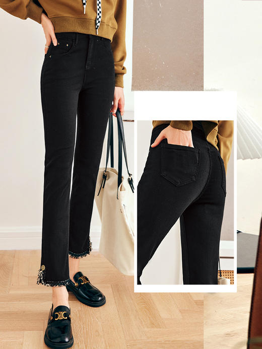 OLrain欧芮儿法式黑色牛仔裤女秋季2022年新款开叉毛边小脚九分裤 商品图3